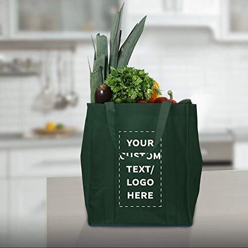 DISCOUNT PROMOS Custom Reusable Grocery Tote Bag for Shopping - 10 Pack - Personalized Logo, Text -Small Foldable Bags – Forest Green - 12.625"X13"X8.75"