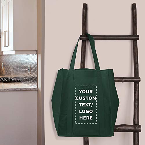 DISCOUNT PROMOS Custom Reusable Grocery Tote Bag for Shopping - 10 Pack - Personalized Logo, Text -Small Foldable Bags – Forest Green - 12.625"X13"X8.75"