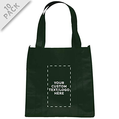 DISCOUNT PROMOS Custom Reusable Grocery Tote Bag for Shopping - 10 Pack - Personalized Logo, Text -Small Foldable Bags – Forest Green - 12.625"X13"X8.75"