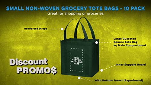 DISCOUNT PROMOS Custom Reusable Grocery Tote Bag for Shopping - 10 Pack - Personalized Logo, Text -Small Foldable Bags – Forest Green - 12.625"X13"X8.75"