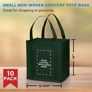 DISCOUNT PROMOS Custom Reusable Grocery Tote Bag for Shopping - 10 Pack - Personalized Logo, Text -Small Foldable Bags – Forest Green - 12.625"X13"X8.75"