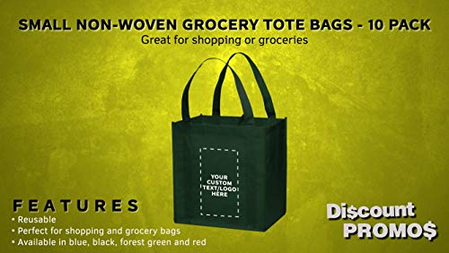 DISCOUNT PROMOS Custom Reusable Grocery Tote Bag for Shopping - 10 Pack - Personalized Logo, Text -Small Foldable Bags – Forest Green - 12.625"X13"X8.75"