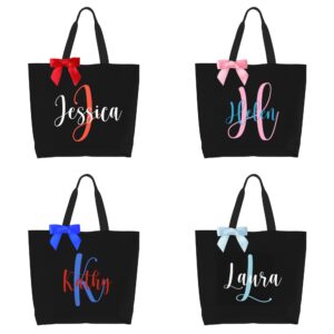 Personalized Initial Tote Bag, Custom Name Letter Monogrammed Tote Gift Hand Bags with Bow Tie Present for Women Bridesmaids Teachers