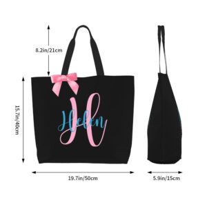 Personalized Initial Tote Bag, Custom Name Letter Monogrammed Tote Gift Hand Bags with Bow Tie Present for Women Bridesmaids Teachers