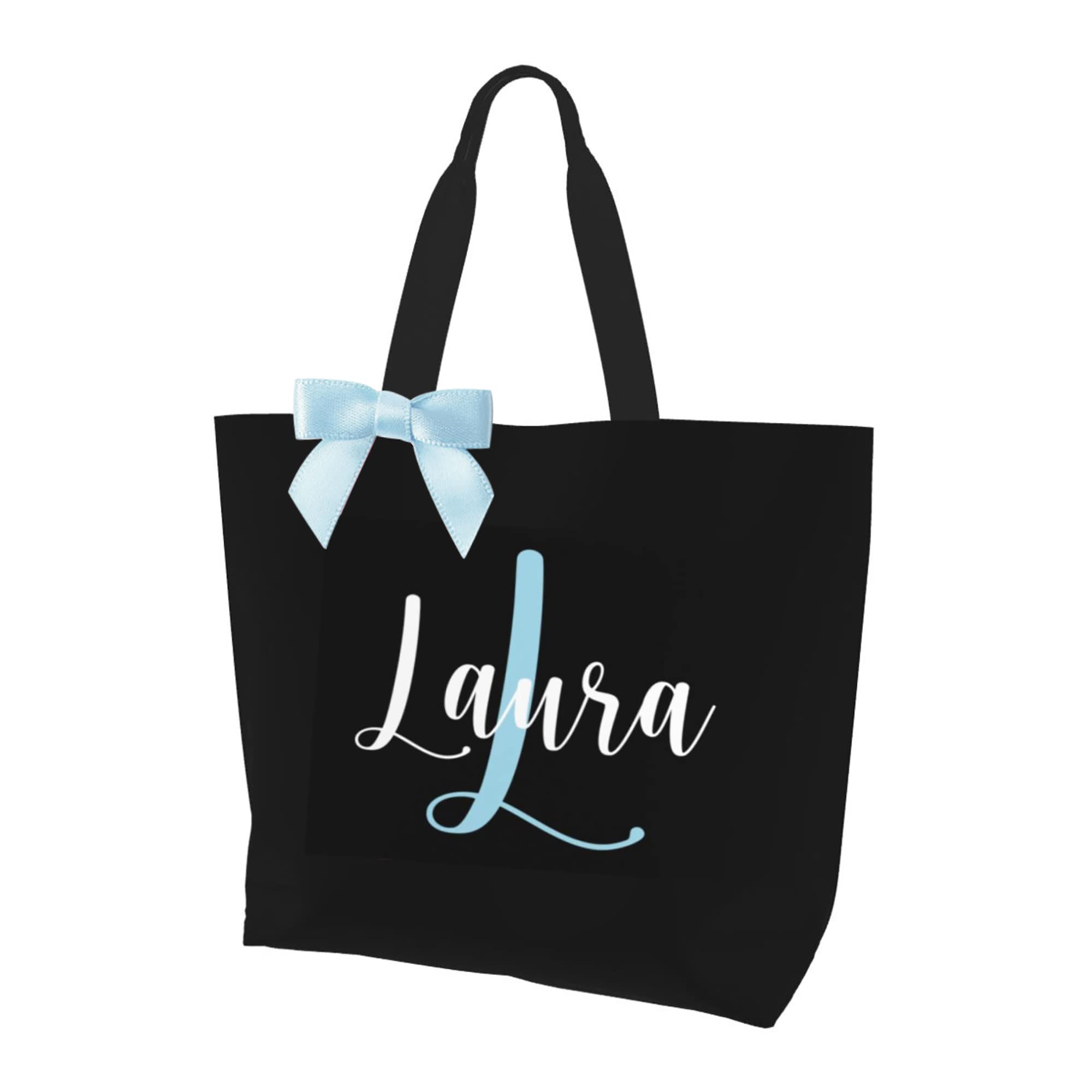 Personalized Initial Tote Bag, Custom Name Letter Monogrammed Tote Gift Hand Bags with Bow Tie Present for Women Bridesmaids Teachers