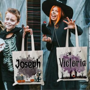 Zocoshi Personalized Halloween Tote Bag Customized Pumpkin Witch Black Cat Castle Skeleton Ghost Canvas Tote Bag for Trick or Treat Goodie gift Bags