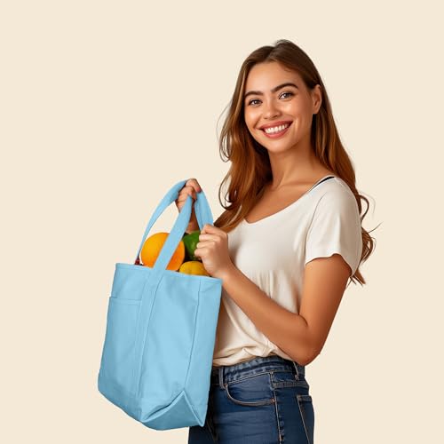 DALIX 20" Solid Color Cotton Canvas Shopping Tote Bag in Light Blue