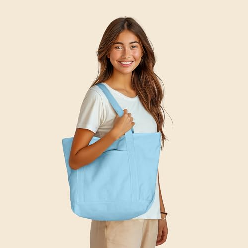 DALIX 20" Solid Color Cotton Canvas Shopping Tote Bag in Light Blue