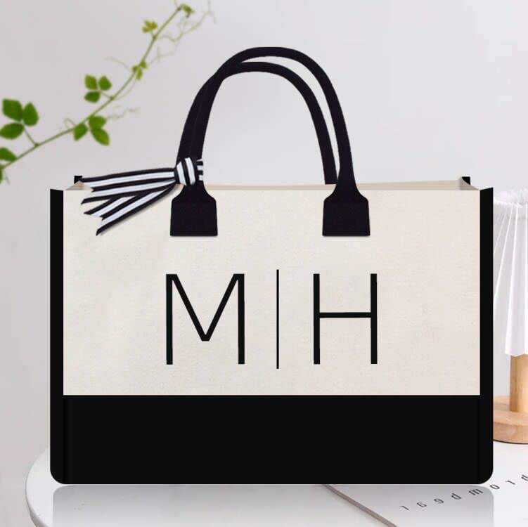 MERRYWORK Initials and Last Name Customized Embroidered Tote Bag 100% Cotton Canvas Personalized Tote Bag for Bridesmaid Anniversary Wedding Day