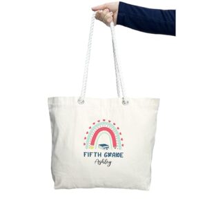 custom fifth grade rainbow bag, personalized fifth grade tote bag, hello 5th grade bag, back to school bag (rope bag : 25l 20"l x 15"h x 5"d 100% cotton, 26" rope handles)