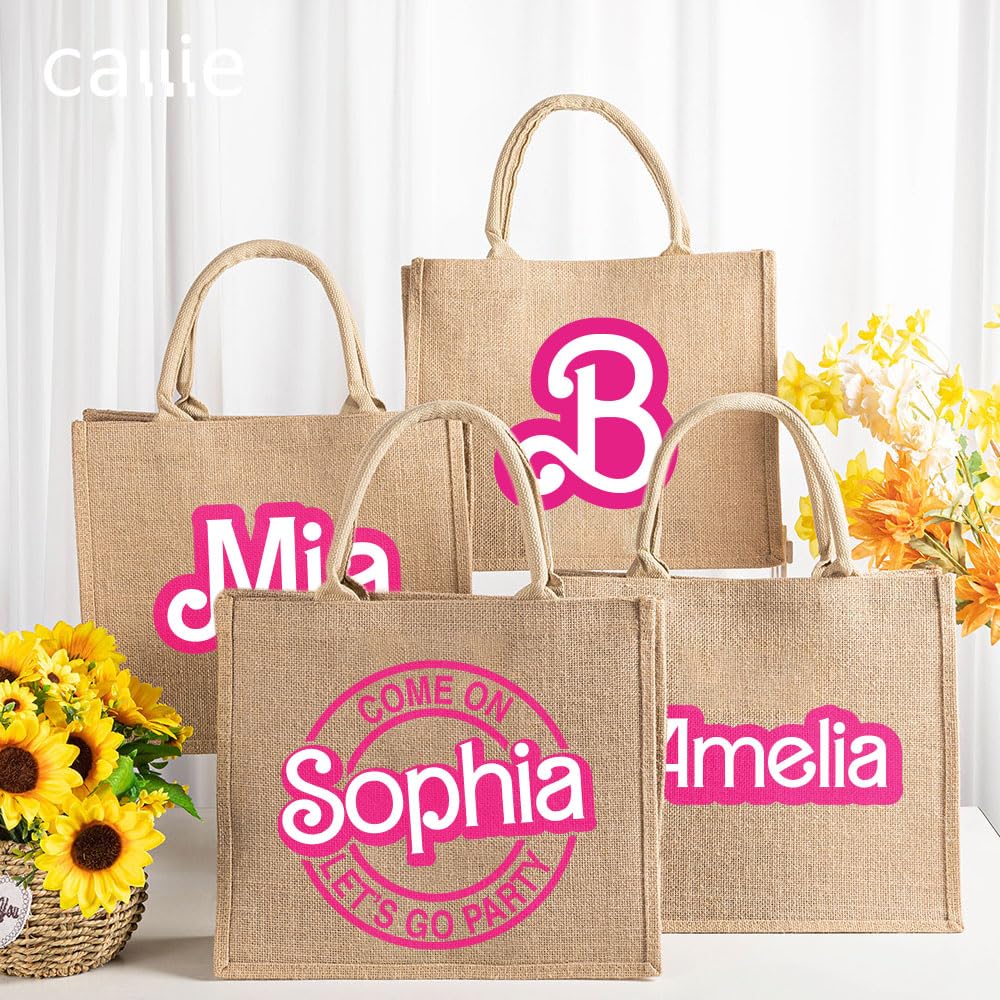 callie Personalized Tote Bag for Girls Women, Custom Reusable Travel Shopping Beach Jute Pink Bag with Name, Bridal Bridesmaid Party Birthday Gifts, 1 Pack