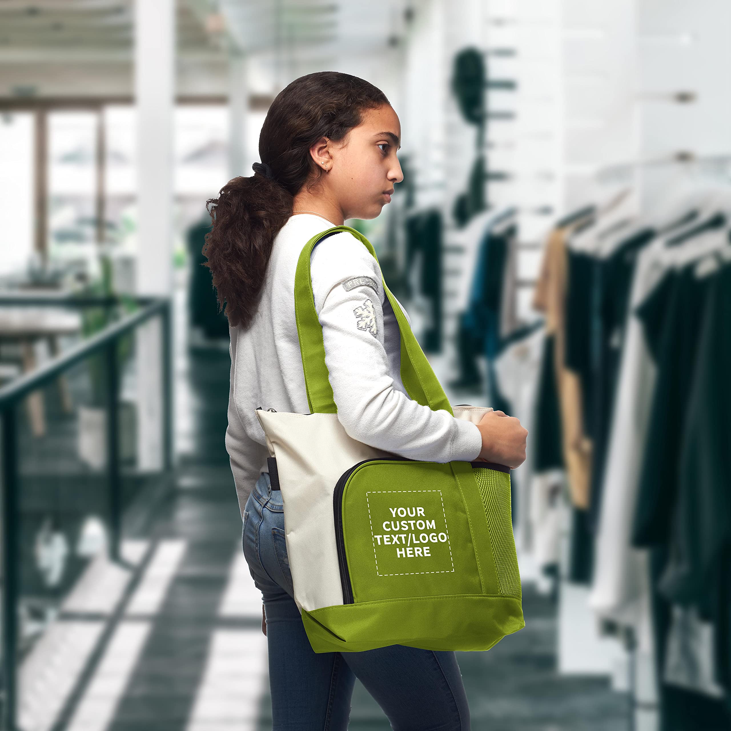 24 Zipper Polyester Tote Bags Set - Customizable Text, Logo - Two-tone, Zipper Closure, Pen Loop - Lime Green