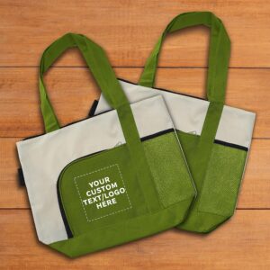 24 Zipper Polyester Tote Bags Set - Customizable Text, Logo - Two-tone, Zipper Closure, Pen Loop - Lime Green