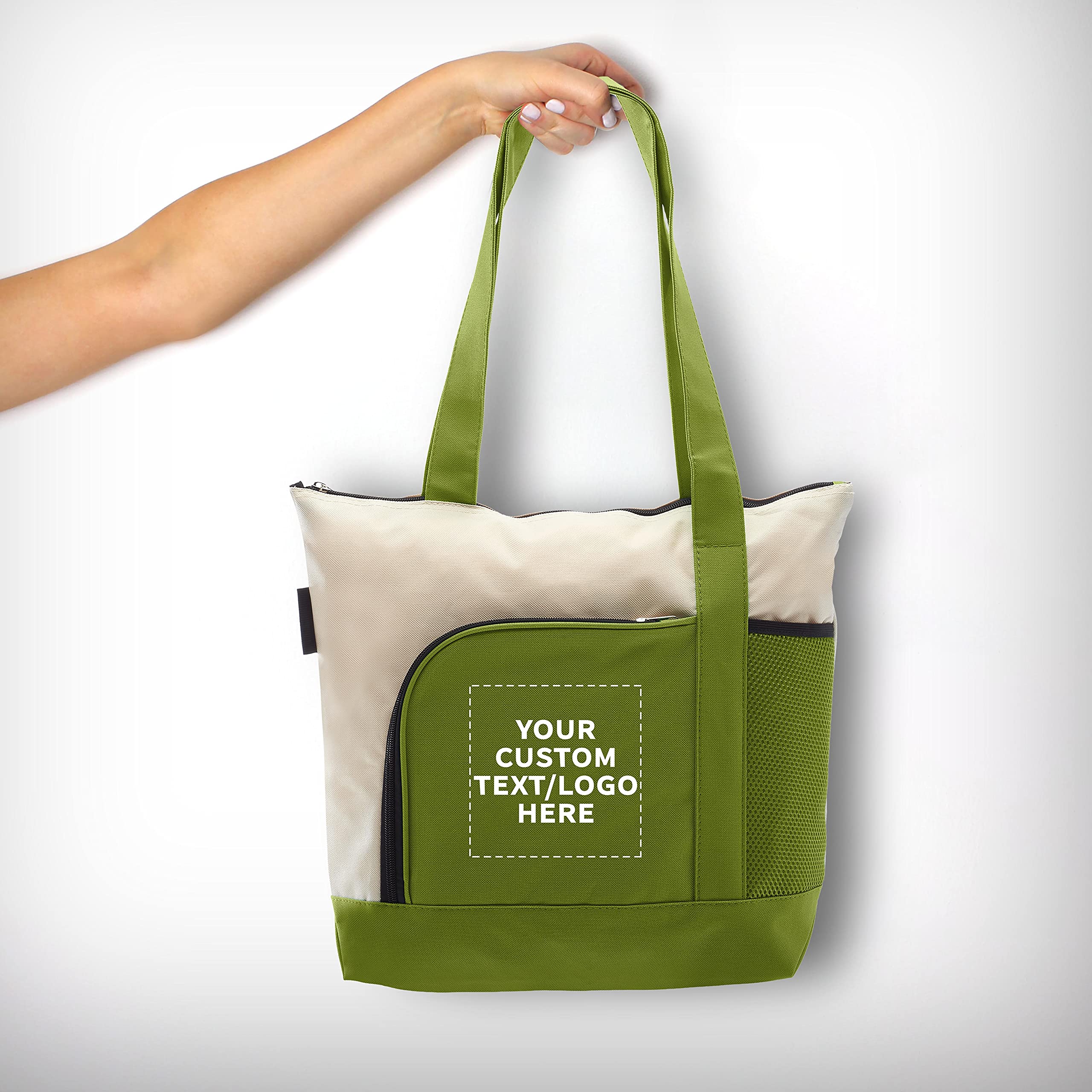 24 Zipper Polyester Tote Bags Set - Customizable Text, Logo - Two-tone, Zipper Closure, Pen Loop - Lime Green