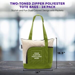 24 Zipper Polyester Tote Bags Set - Customizable Text, Logo - Two-tone, Zipper Closure, Pen Loop - Lime Green