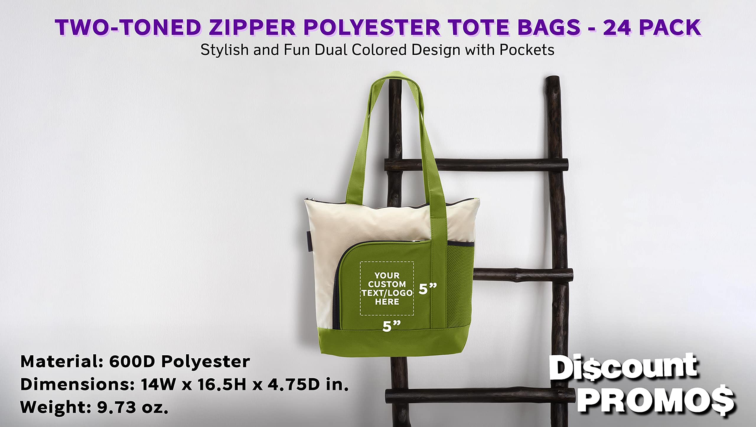 24 Zipper Polyester Tote Bags Set - Customizable Text, Logo - Two-tone, Zipper Closure, Pen Loop - Lime Green