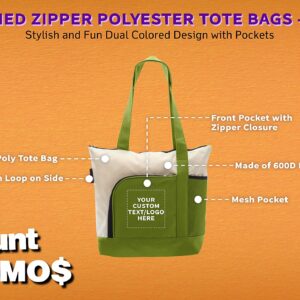 24 Zipper Polyester Tote Bags Set - Customizable Text, Logo - Two-tone, Zipper Closure, Pen Loop - Lime Green