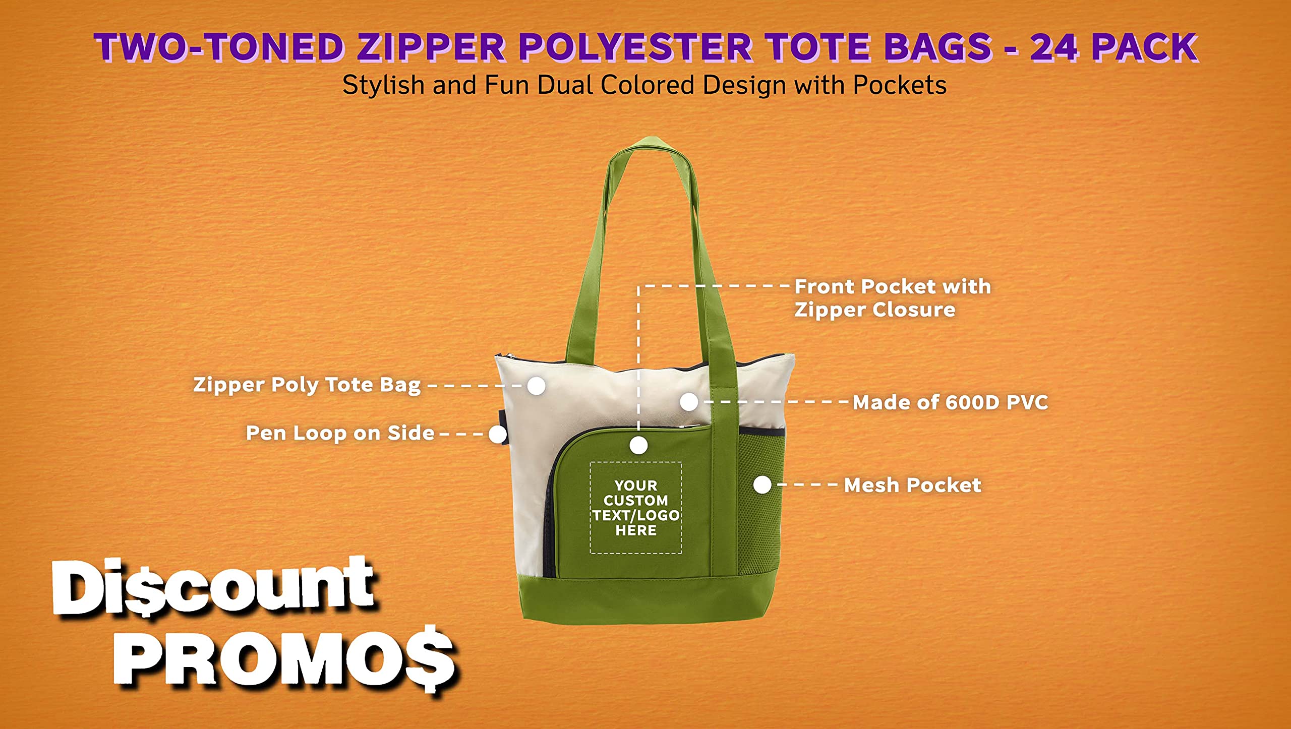 24 Zipper Polyester Tote Bags Set - Customizable Text, Logo - Two-tone, Zipper Closure, Pen Loop - Lime Green