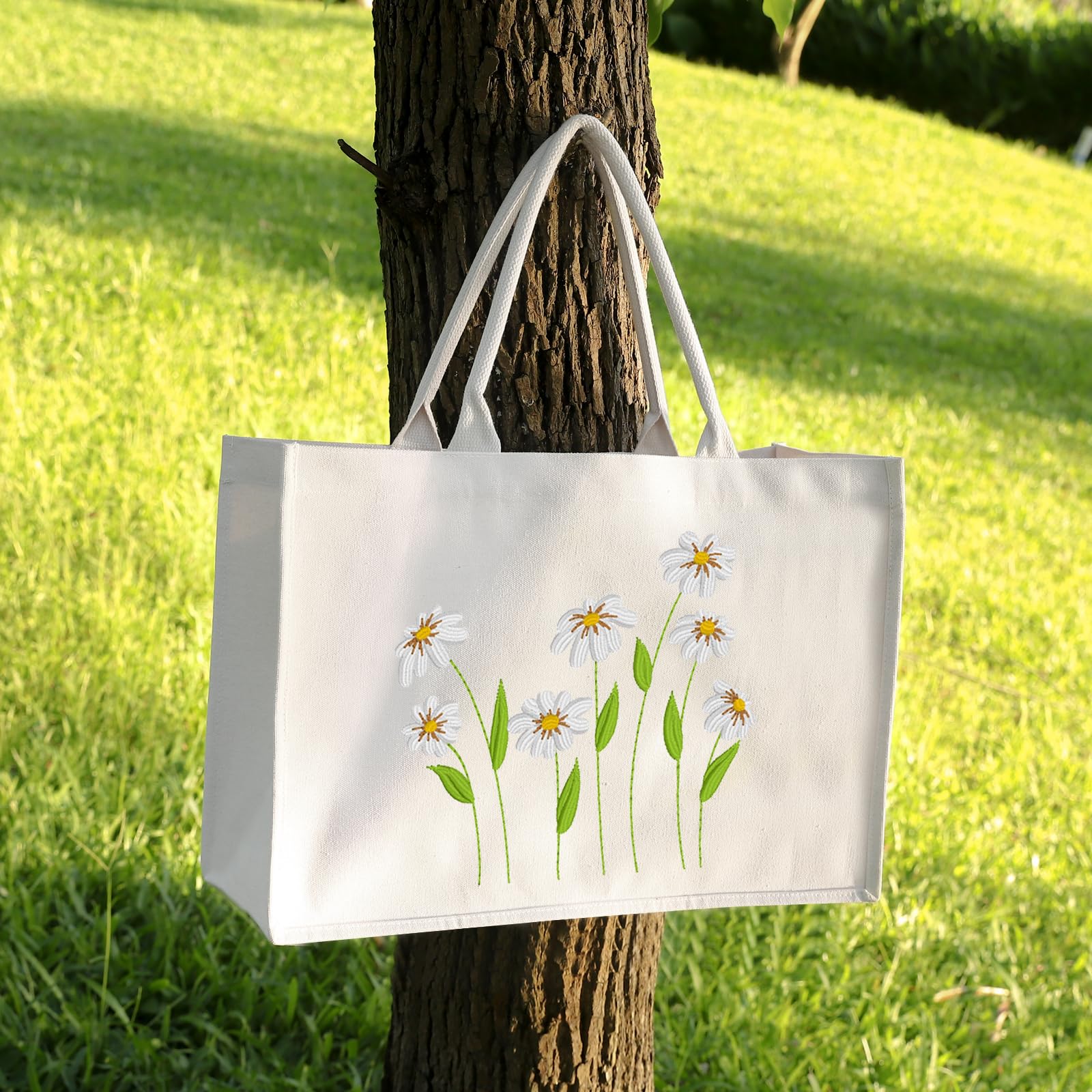 LEADO Floral Canvas Tote Bag for Women, Cute Tote Bags, Daisy Flower Bag for Shopping, Reusable Grocery Bags - Tote Bag Aesthetic, Daisy Gifts, Mothers Day, Birthday Gifts for Women