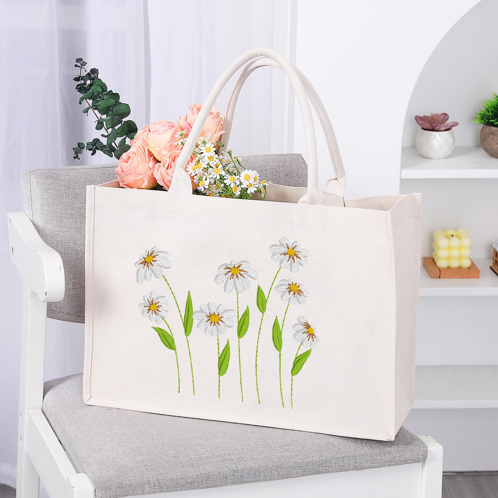 LEADO Floral Canvas Tote Bag for Women, Cute Tote Bags, Daisy Flower Bag for Shopping, Reusable Grocery Bags - Tote Bag Aesthetic, Daisy Gifts, Mothers Day, Birthday Gifts for Women