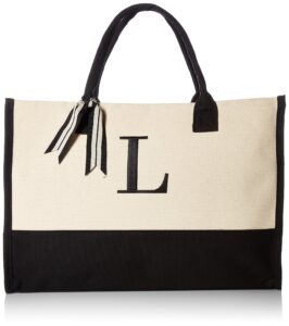 mud pie classic black and white initial canvas tote bags (l), 100% cotton, 17" x 19" x 2"