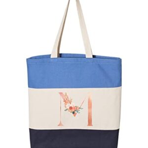 Customized Initial Tote Bag, Personalized Floral Initial Tote, Bridesmaid Gift, Bachelorette Party Gift, Wedding Gift, Birthday Gift (15"L x 15"H x 3"D, Tri-Color Blue)