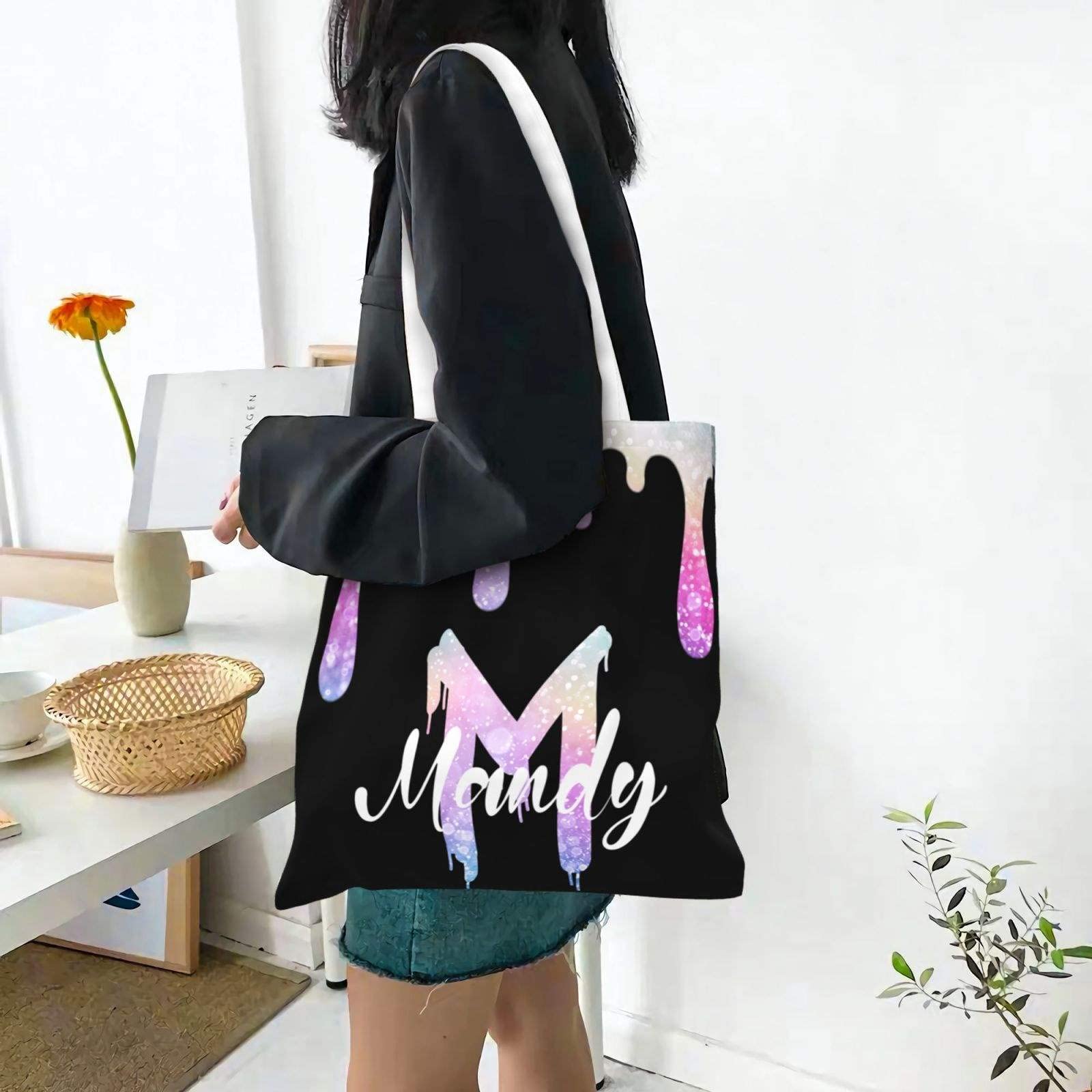 Zhixingasdfgh Personalized Glitter Gradient Print Tote Bags, Custom Name or Text Tote Bag, Customized Totes Bag for Beach, Reusable Bags for Book Grocery, Shopping Bag, Gift for Girls & Women