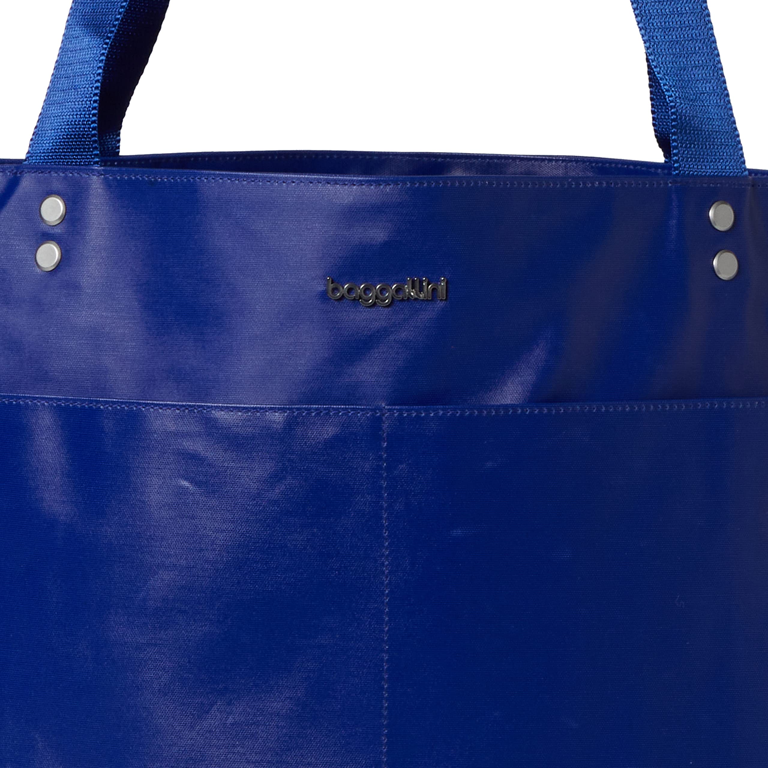 Baggallini Laminated Carryall Tote - Waterproof Beach Bag for Women - Travel Tote Bags with Scratch Resistant Pockets - Indigo Blue