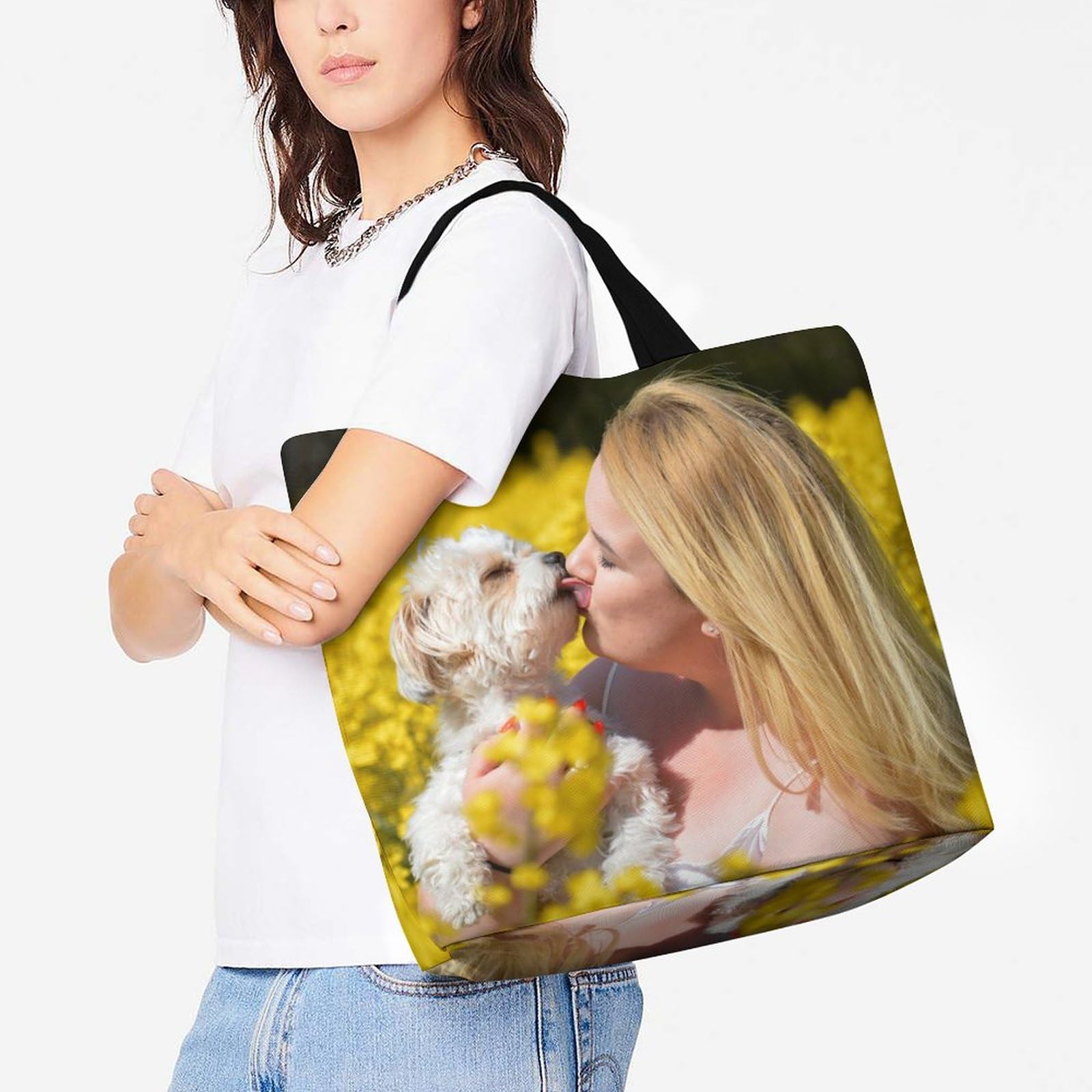 Customized Your Pictures & Text On Your Tote Bag Personalized Photo Logo Reusable Grocery Shopping Bag Large Capacity Shoulder Bag Create Your Own Bridesmaid Beach Bag Custom Wedding Birthday Gifts