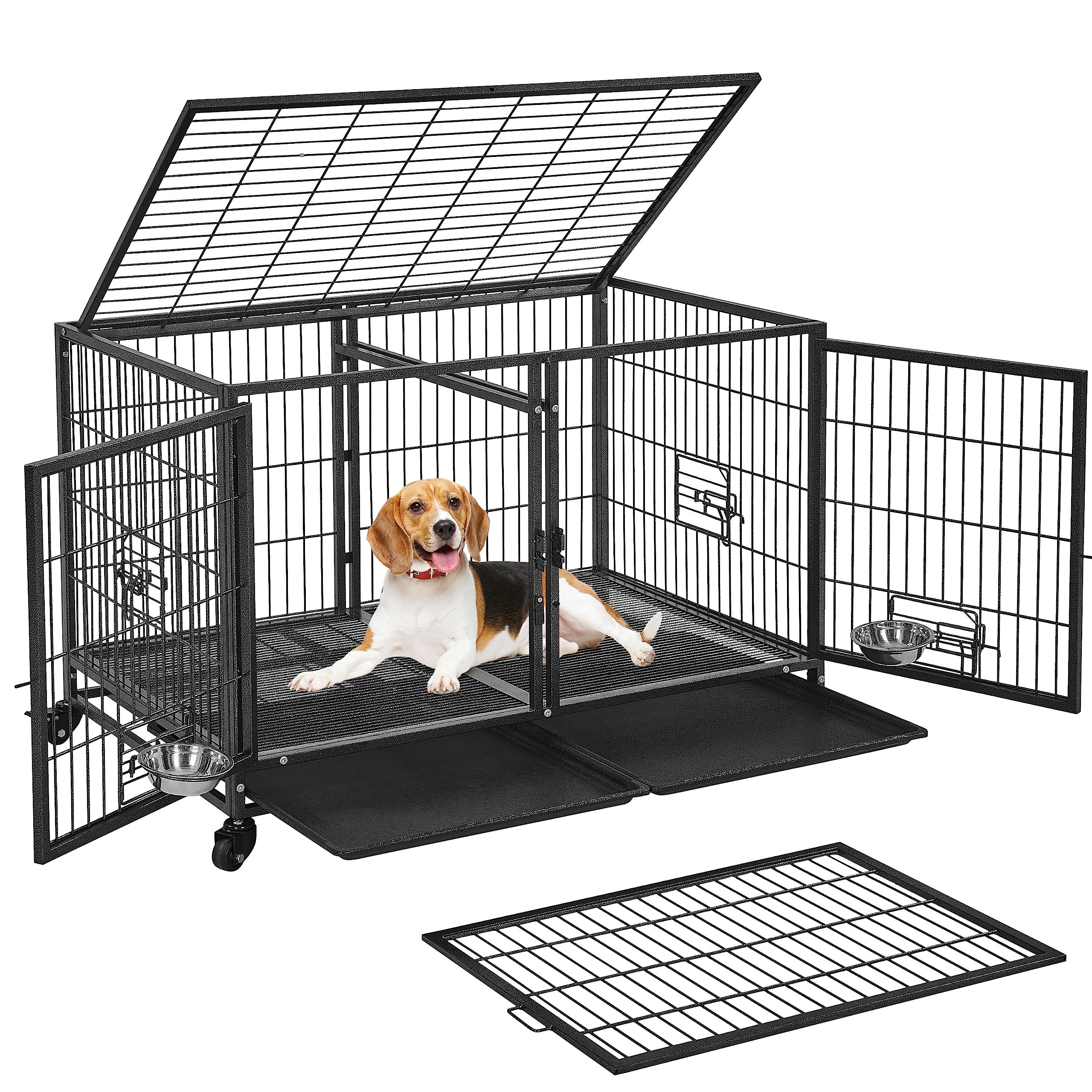 Yaheetech Stackable Dog Crate with Divider 43'' Rolling Heavy Duty Dog Cage with Open Top/ 2 Removable Trays for Small/Medium Dog, Double Story