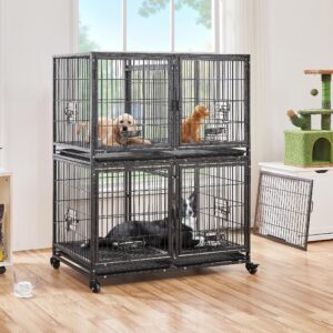 Yaheetech Stackable Dog Crate with Divider 43'' Rolling Heavy Duty Dog Cage with Open Top/ 2 Removable Trays for Small/Medium Dog, Double Story