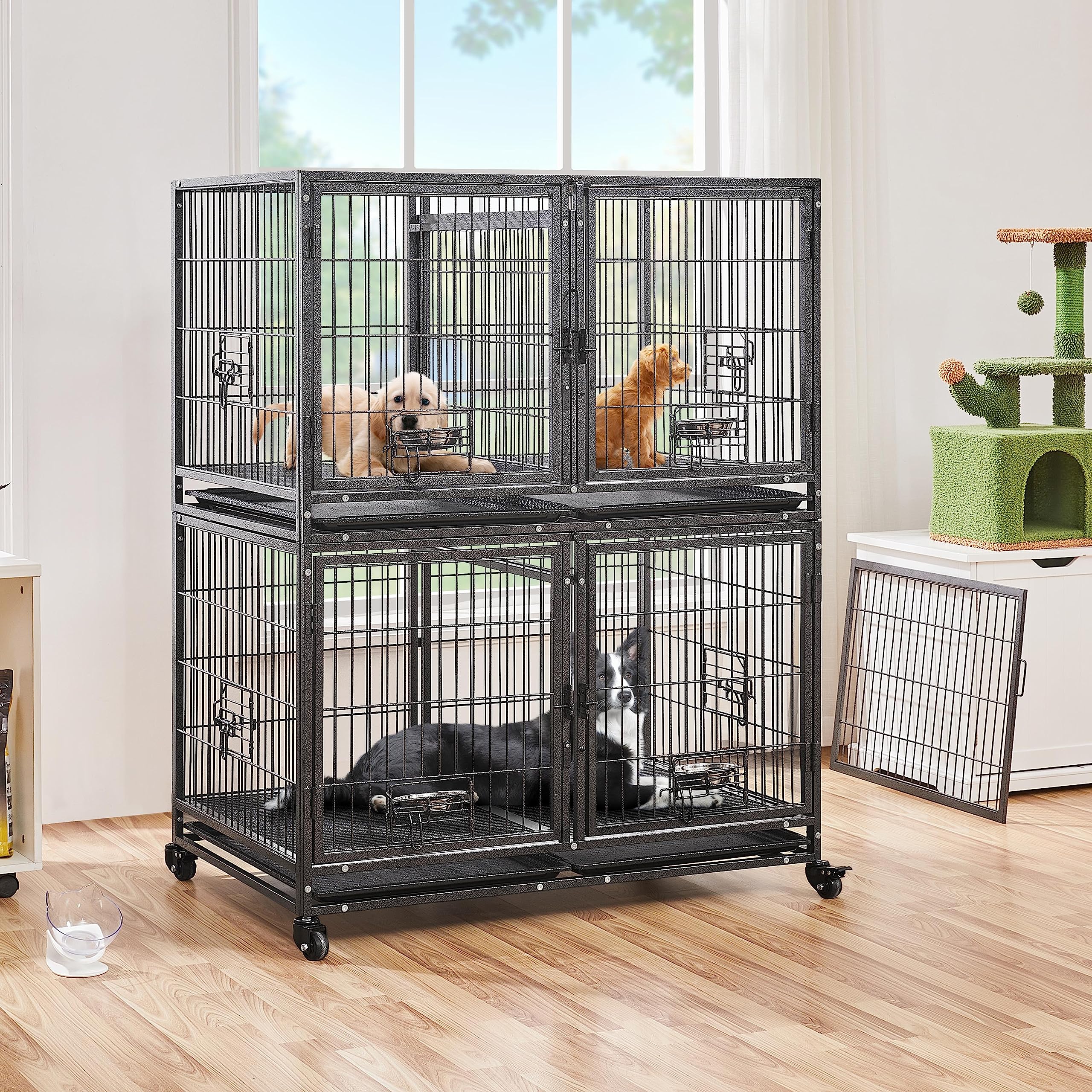 Yaheetech Stackable Dog Crate with Divider 43'' Rolling Heavy Duty Dog Cage with Open Top/ 2 Removable Trays for Small/Medium Dog, Double Story