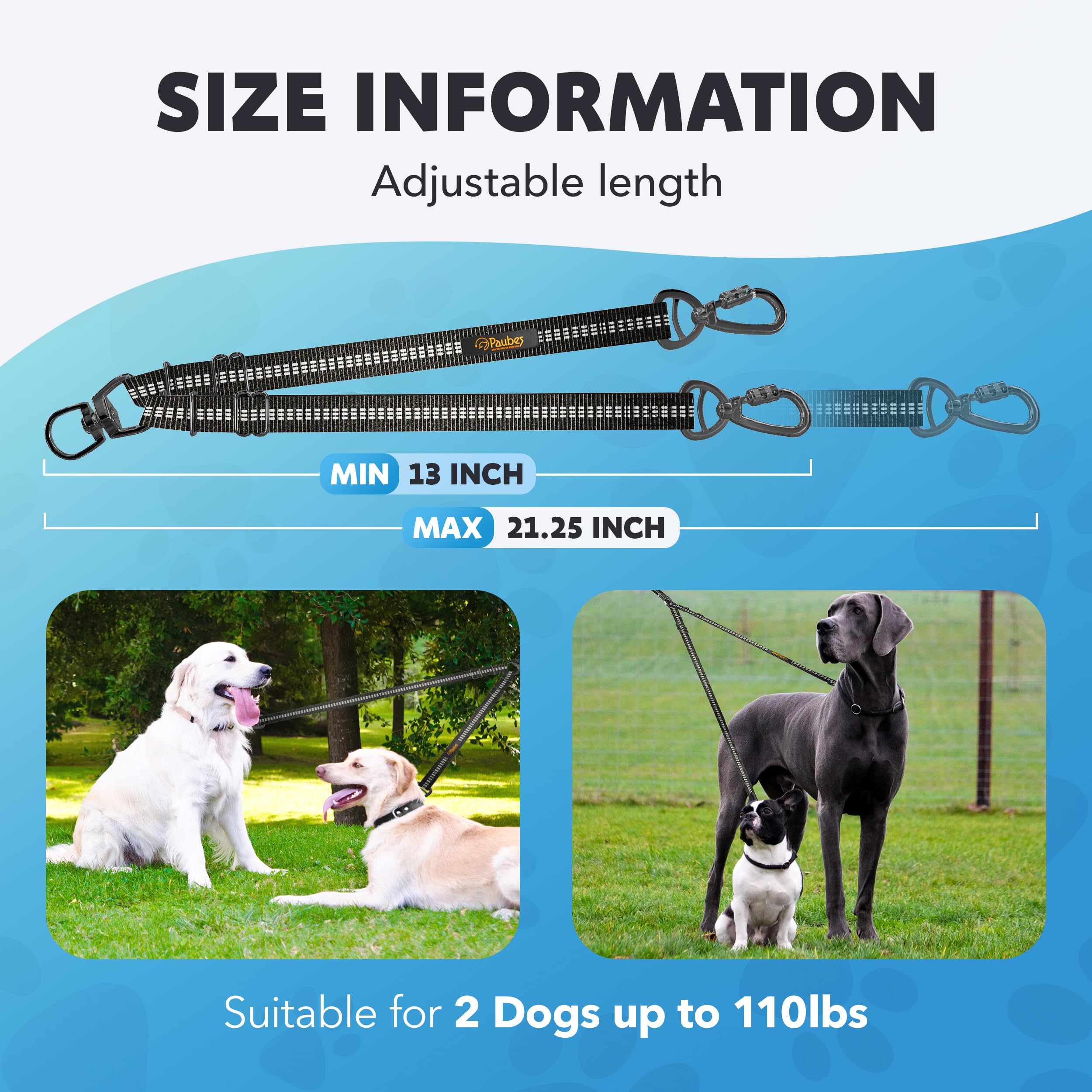 Double Dog Leash – Adjustable Length Long Leash for Dog Training – Dual Reflective Dog Leash with Non-Tangle Design – Heavy Duty Nylon and Metal Buckles – Ideal (Black, Large)