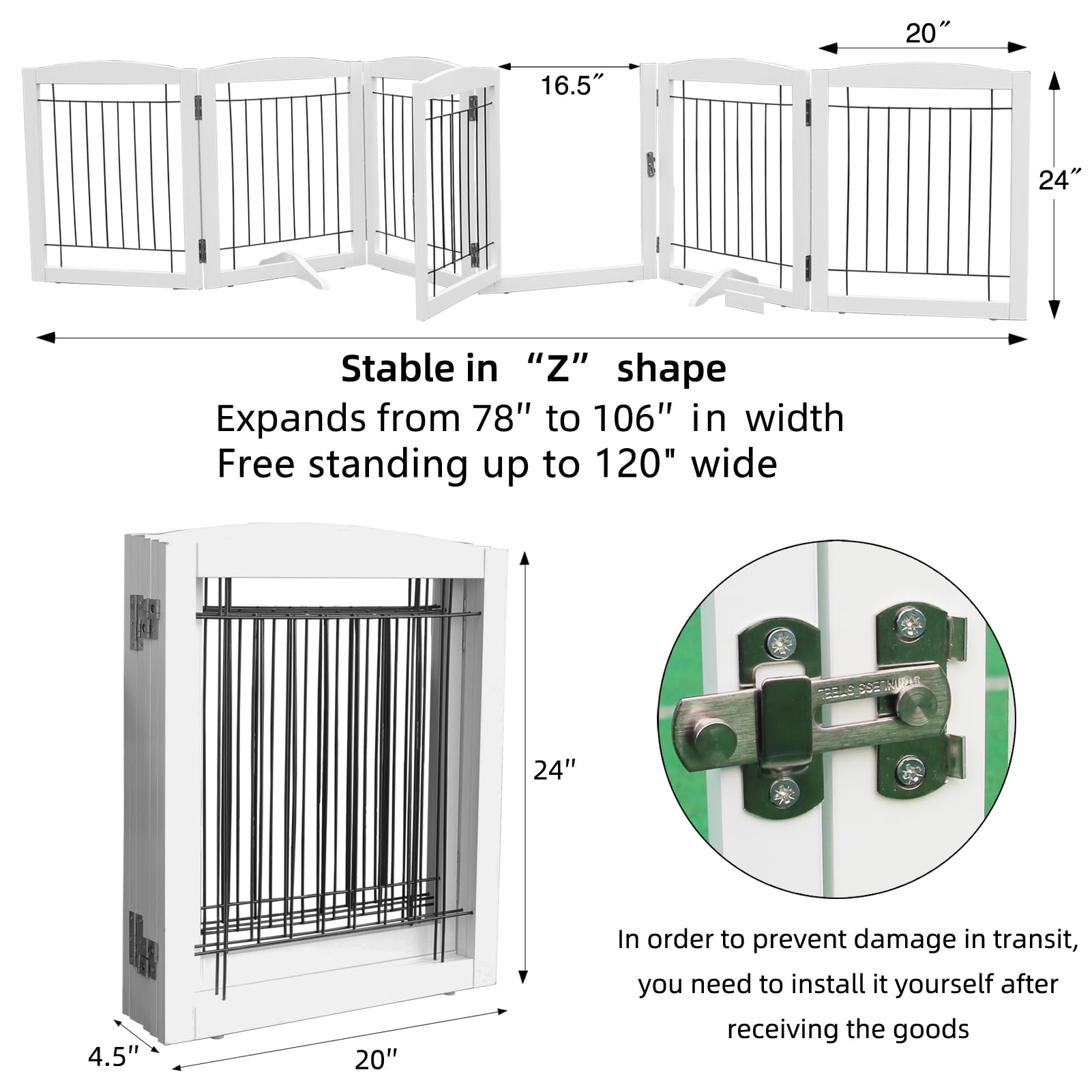 ZJSF Free standing Panel Dog Gate with Door for Indoor,Doorways,House, Hallways,or Stairs Freestanding Foldable Gate for Dog White Wooden Puppy Gate Pet Gate 24''H