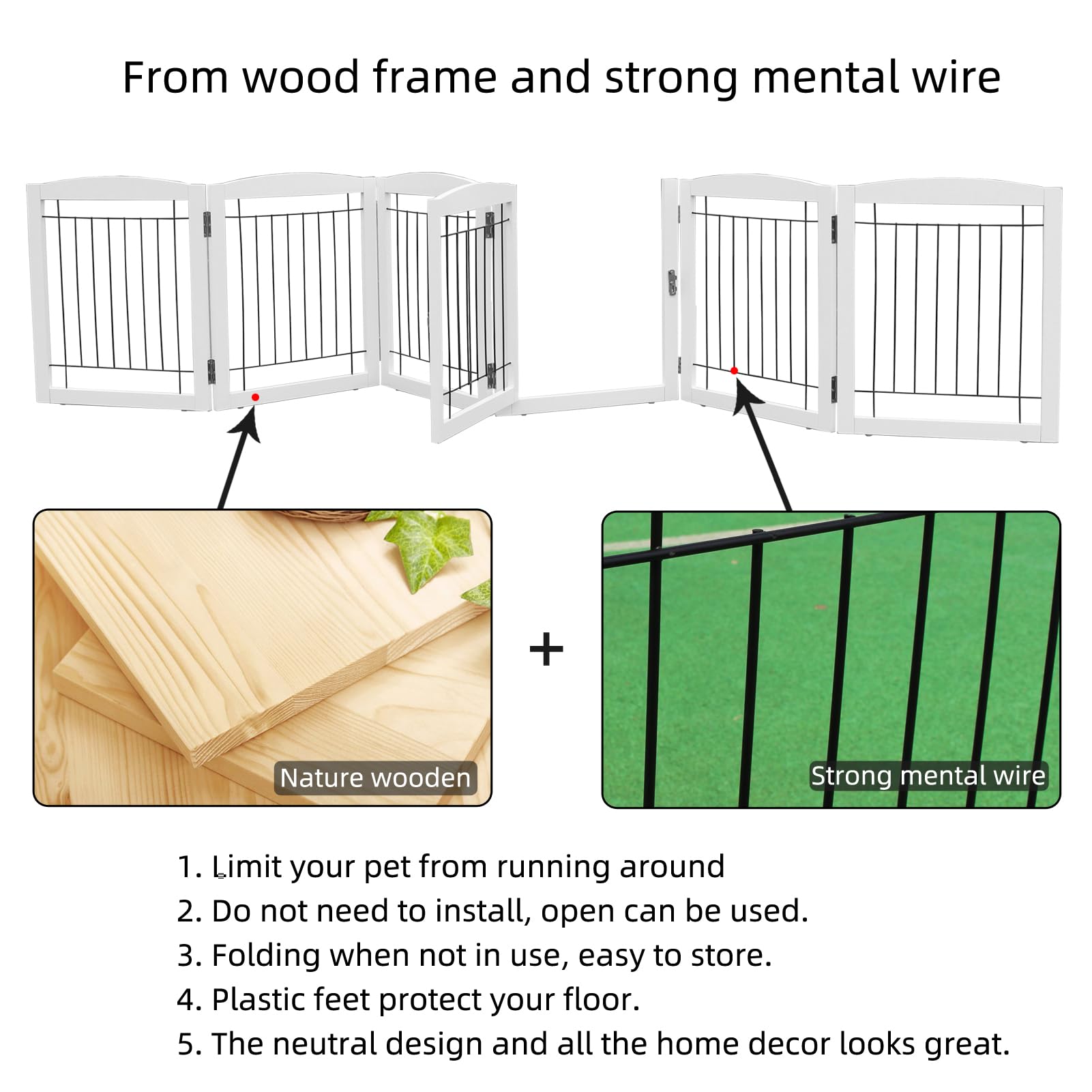 ZJSF Free standing Panel Dog Gate with Door for Indoor,Doorways,House, Hallways,or Stairs Freestanding Foldable Gate for Dog White Wooden Puppy Gate Pet Gate 24''H