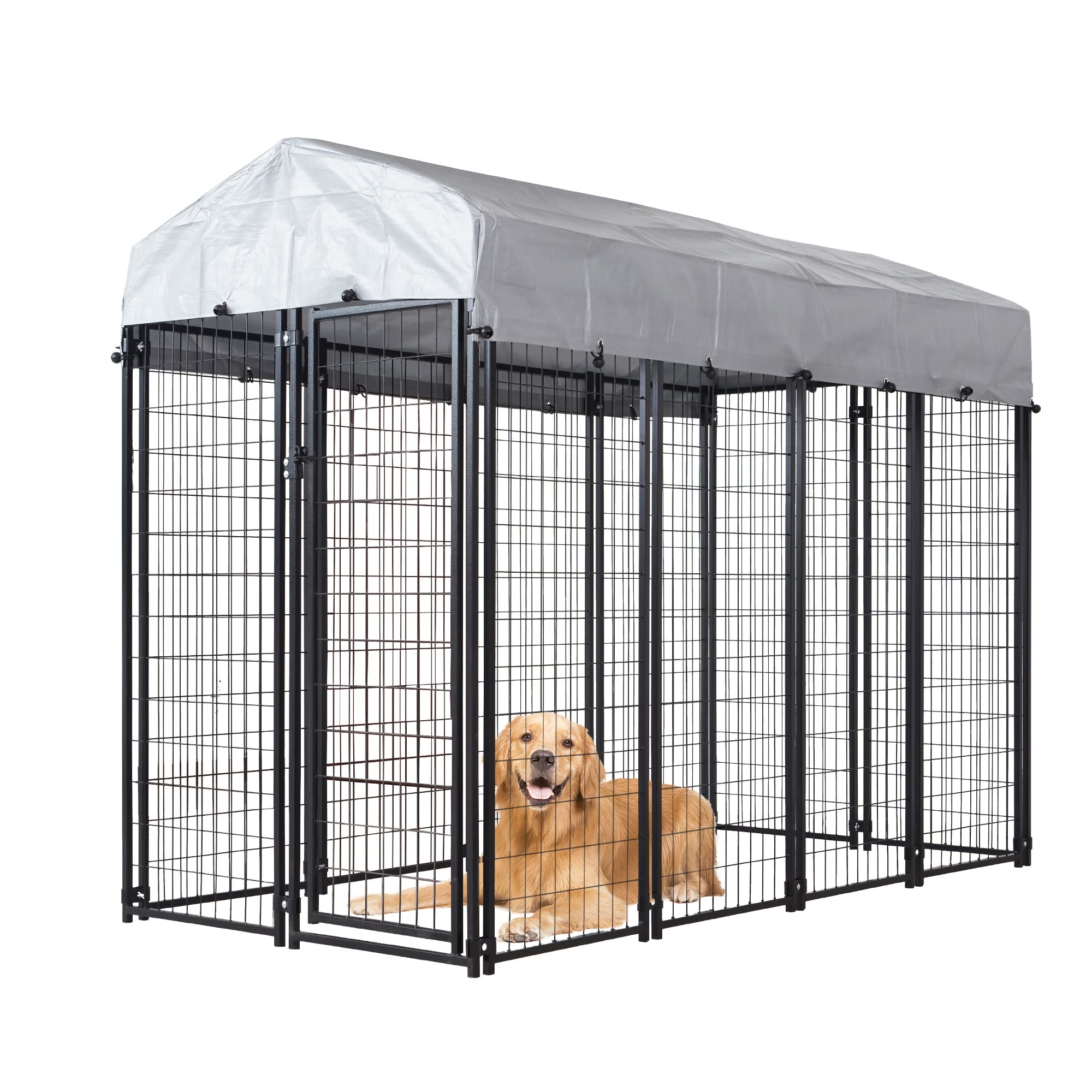 HITTITE Large Outdoor Dog Kennel, Heavy Duty Outdoor Dog Cage, Anti-Rust Dog Pens Outdoor with Waterproof UV-Resistant Cover and Secure Lock for Backyard,8'L x4' W x 6'H（with Roof）