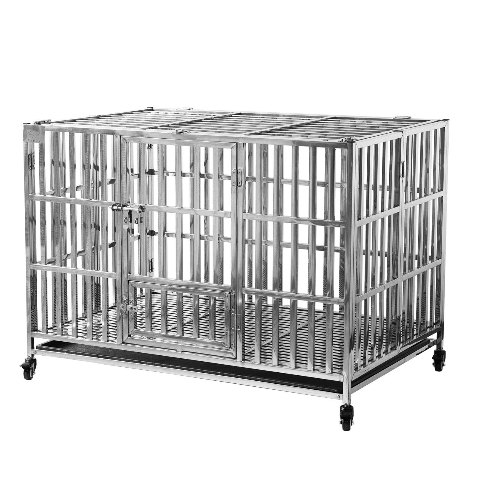 RyBuy 48" Stackable Heavy Duty Dog Crate Pet Stainless Steel Kennel Cage for Large Dogs with Tray in-Door Foldable & Portable for Animal Out-Door Travel