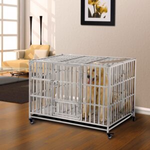 RyBuy 48" Stackable Heavy Duty Dog Crate Pet Stainless Steel Kennel Cage for Large Dogs with Tray in-Door Foldable & Portable for Animal Out-Door Travel