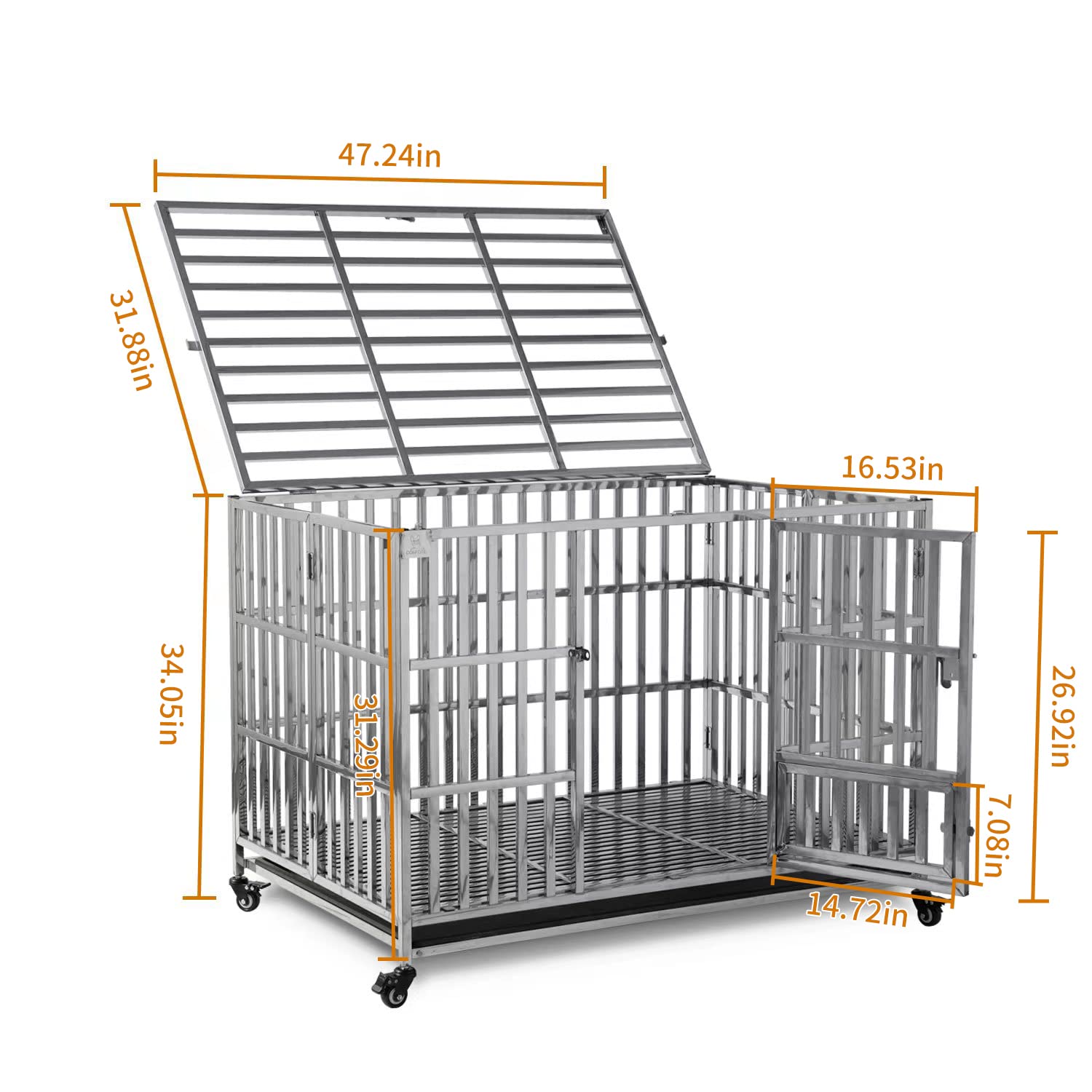 RyBuy 48" Stackable Heavy Duty Dog Crate Pet Stainless Steel Kennel Cage for Large Dogs with Tray in-Door Foldable & Portable for Animal Out-Door Travel