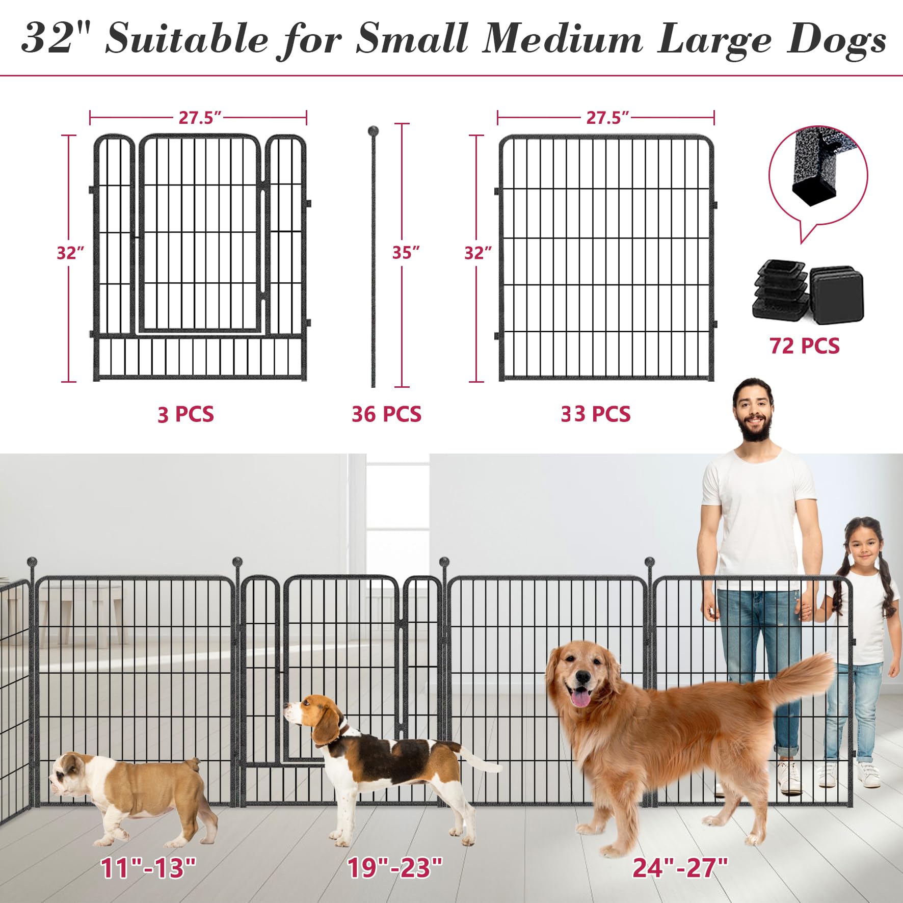 Jhsomdr Dog Playpen Outdoor 32" Height Foldable 32 Panels Heavy Duty Metal Portable Dog Pens Indoor Anti-Rust Exercise Dog Fence with Doors for Large/Medium/Small Pets Play Pen for RV Camping Yard