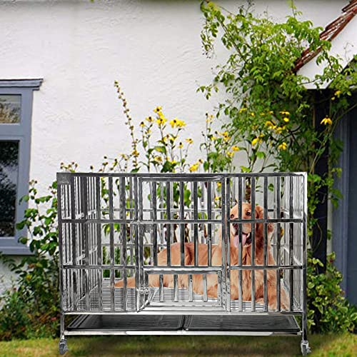 Confote 48" Heavy Duty Stainless Steel Dog Cage Kennel Crate and Playpen for Training Large Dog Indoor Outdoor with Double Doors & Locks Design Included Lockable Wheels Removable Tray No Screw