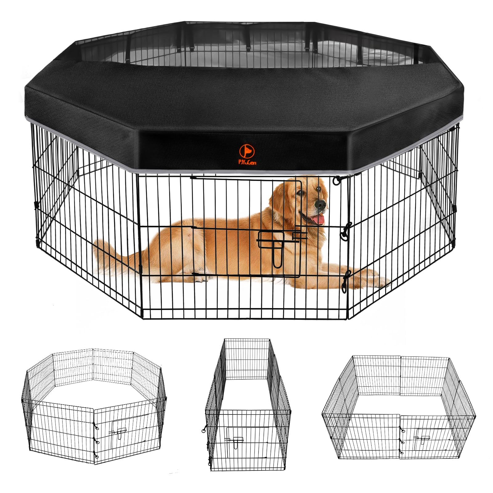 PJYuCien Dog Playpen - Metal Foldable Dog Exercise Pen, Pet Fence Puppy Crate Kennel Indoor Outdoor with 8 Panels 24”H & Top Cover for Small Medium Pets