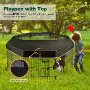 PJYuCien Dog Playpen - Metal Foldable Dog Exercise Pen, Pet Fence Puppy Crate Kennel Indoor Outdoor with 8 Panels 24”H & Top Cover for Small Medium Pets