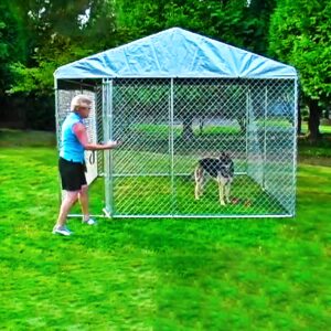 Lucky Dog 10 by 6 Foot Large Outdoor Galvanized Steel Chain Link Dog Kennel with Latching Door, 1.5 Inch Raised Legs, and WeatherGuard Roof Cover