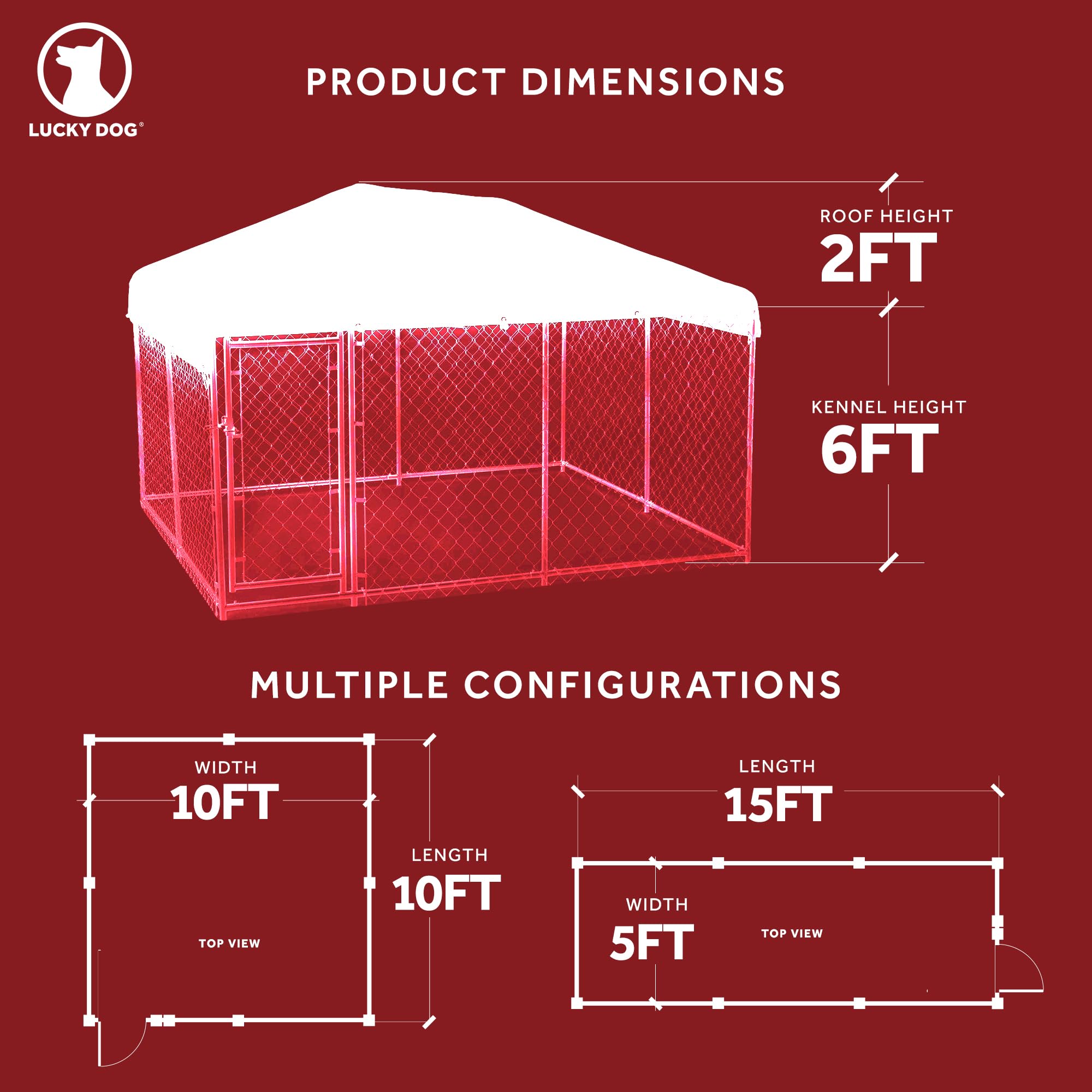 Lucky Dog 10 by 6 Foot Large Outdoor Galvanized Steel Chain Link Dog Kennel with Latching Door, 1.5 Inch Raised Legs, and WeatherGuard Roof Cover