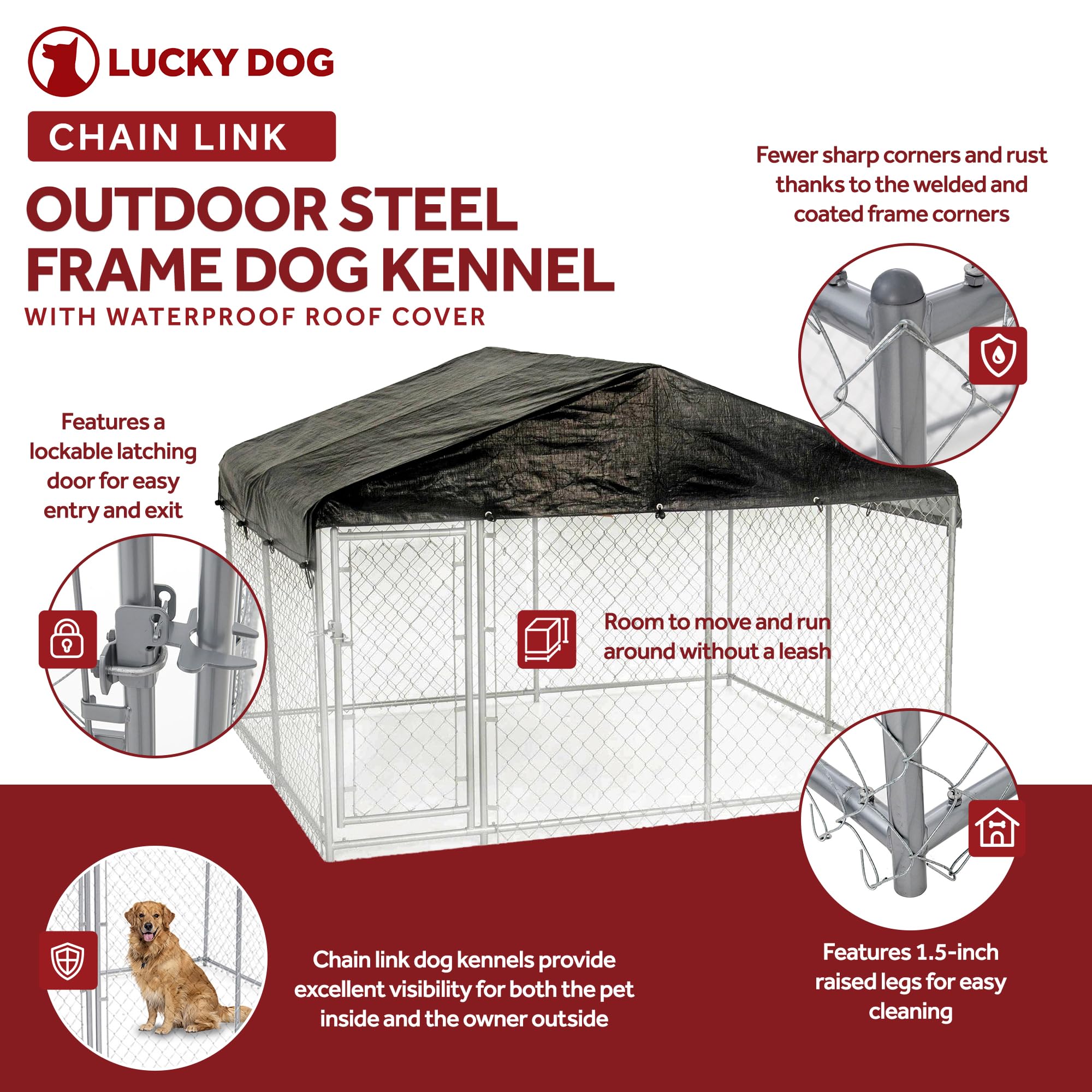 Lucky Dog 10 by 6 Foot Large Outdoor Galvanized Steel Chain Link Dog Kennel with Latching Door, 1.5 Inch Raised Legs, and WeatherGuard Roof Cover