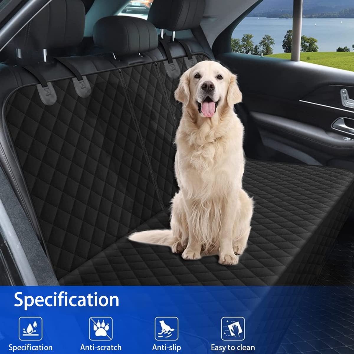 BESULEN Dog Car Seat Cover for Back Seat, Waterproof Dog Bench Seat Pad Compatible for Armrest & Seat Belt, Universal Nonslip Durable Soft Pet Backseat Protector for Cars Trucks & SUVs (Black)