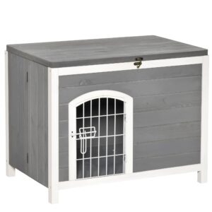 PawHut Foldable Wooden Dog House Raised Puppy Cage Kennel Cat Shelter for Indoor & Outdoor w/Lockable Door Openable Roof Removable Bottom for Small and Medium Pets Grey