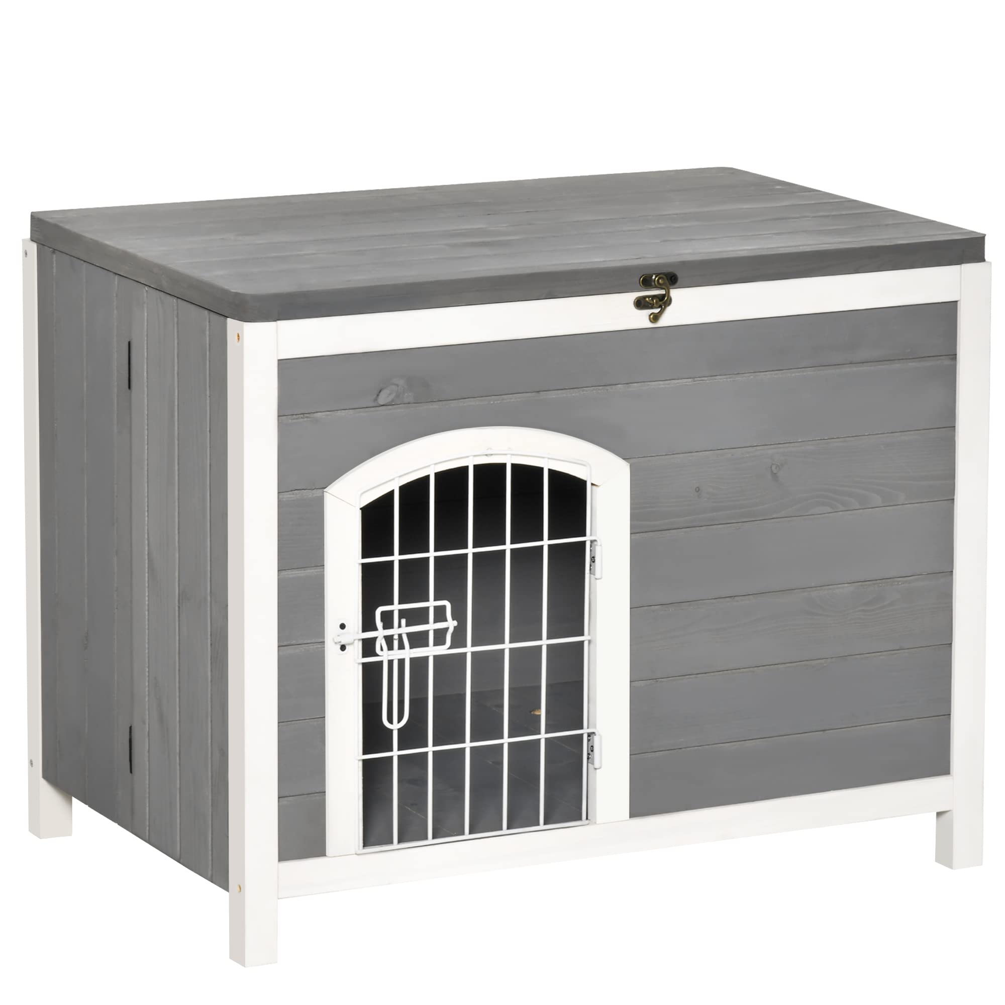 PawHut Foldable Wooden Dog House Raised Puppy Cage Kennel Cat Shelter for Indoor & Outdoor w/Lockable Door Openable Roof Removable Bottom for Small and Medium Pets Grey