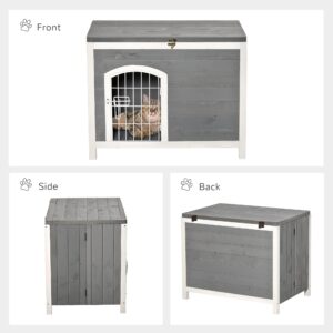 PawHut Foldable Wooden Dog House Raised Puppy Cage Kennel Cat Shelter for Indoor & Outdoor w/Lockable Door Openable Roof Removable Bottom for Small and Medium Pets Grey